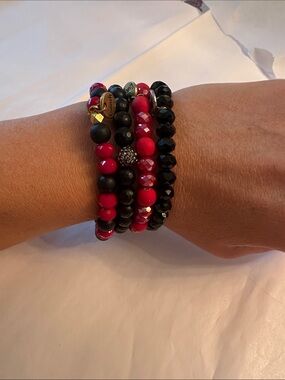 Erimish Black and Red Beaded Stack Bracelet Set